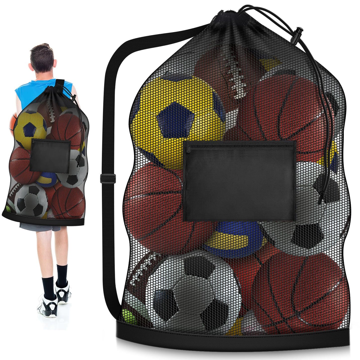 Extra Large Soccer Ball Bag, 40" x 30" Drawstring Mesh Ball Bag with Pocket, Heavy Duty Sport Net Sack for Coaches, Storage Bag for Basketball, Volleyball, Gym Equipment, Swimming Gear