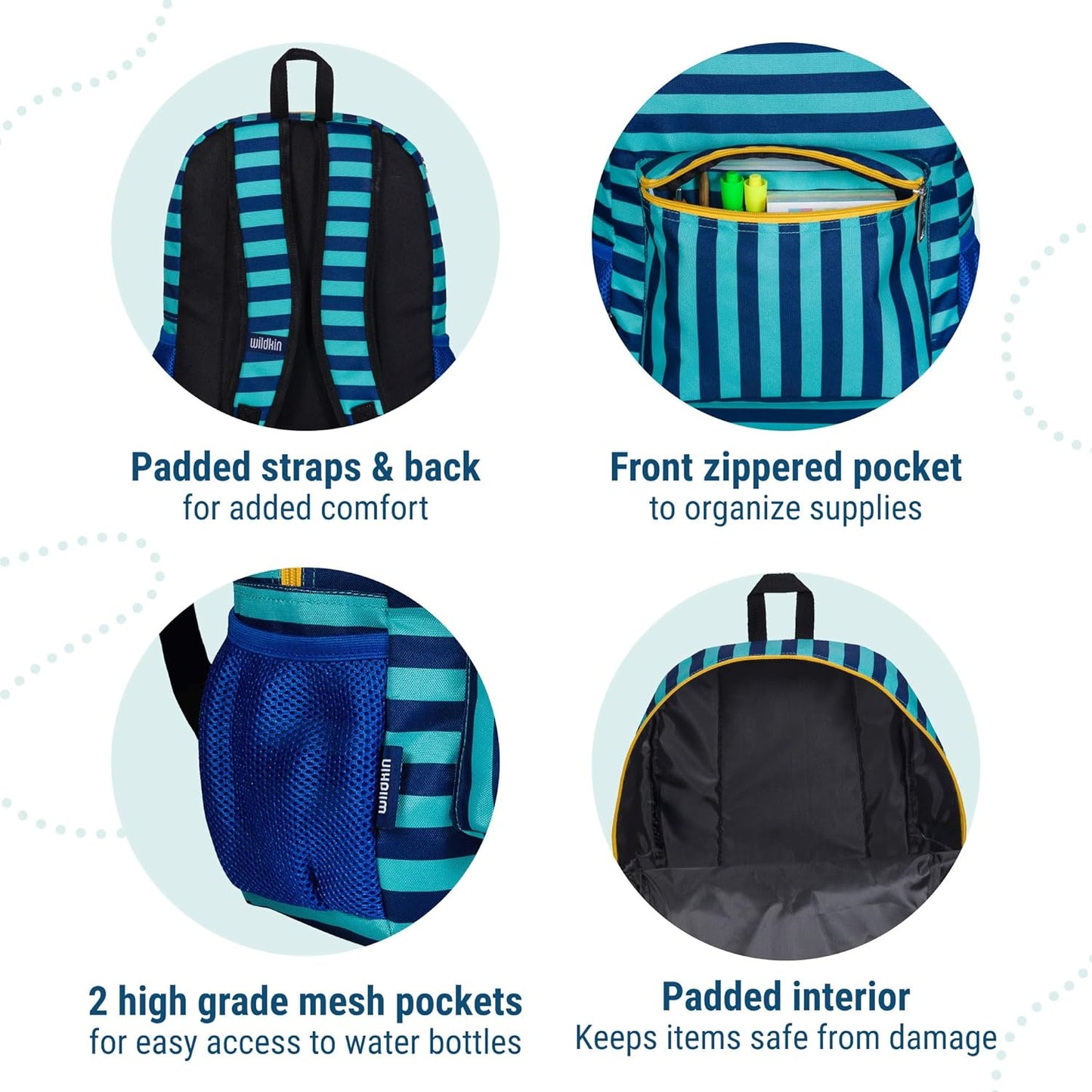 Wildkin 16-inch Kids Backpack – Durable, Padded & Spacious School Bag for Boys & Girls - Blue Stripes