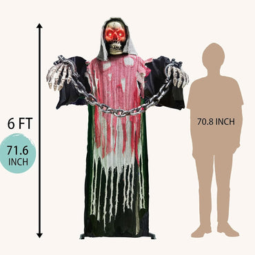 Halloween Decorations Outdoor, 6 Ft Large Animated Grim Reaper with Big Chain,Sound & Touch Activated with Creepy Sound - Scary Props House Decor for Garden Yard Lawn Indoor Decoration Animatronics