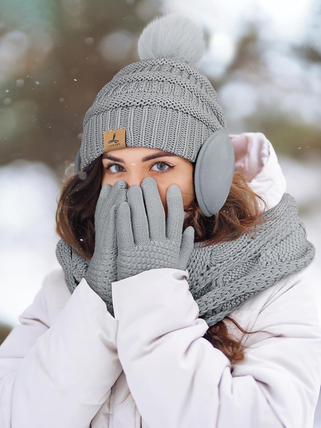 Winter Hat Scarf Gloves and Ear Warmer, Warm Knit Beanie Hat Touch Screen Gloves Set Winter Gifts Neck Scarves for Women