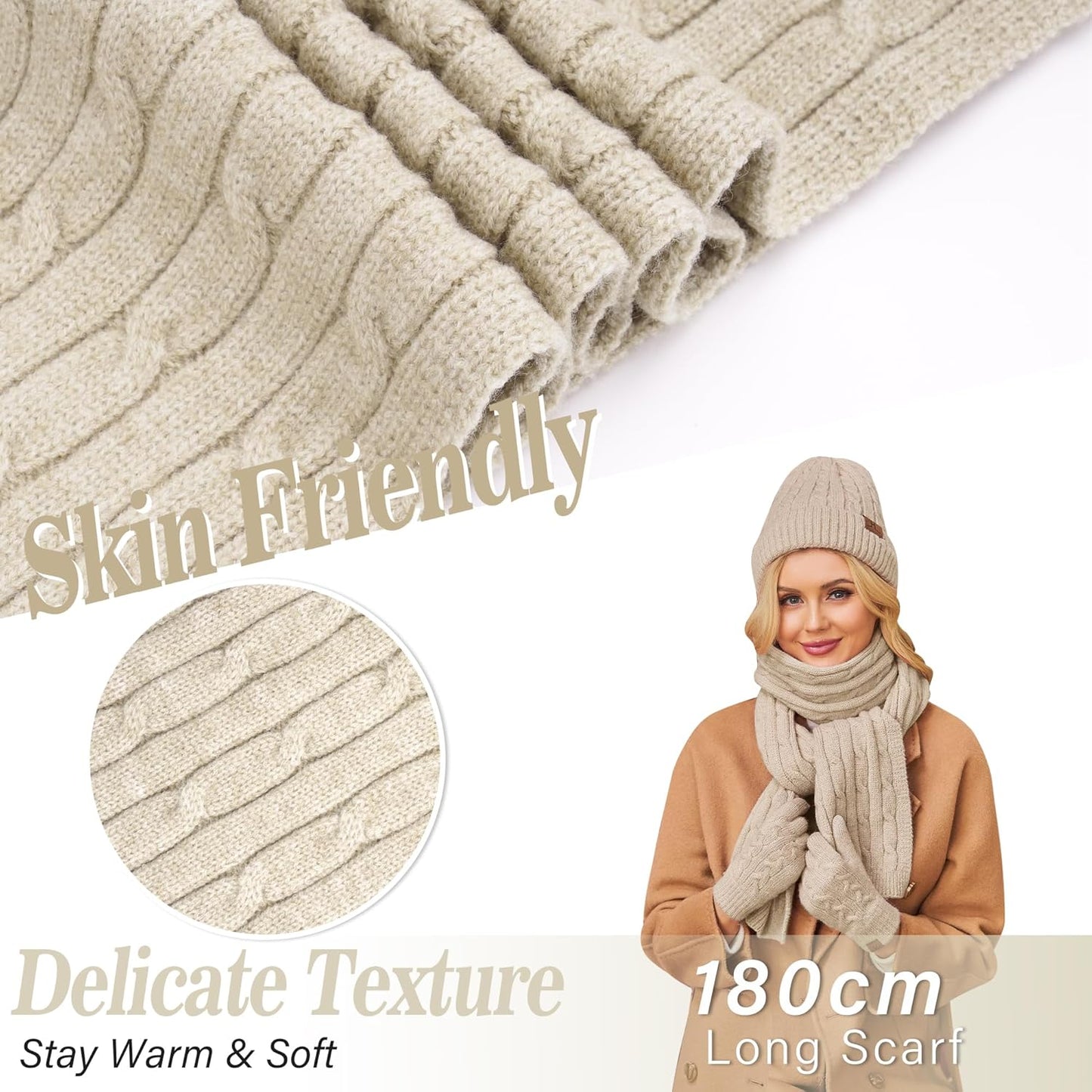 Womens Winter Beanie Hats Long Scarf Touchscreen Gloves Set Warm Knit Skull Caps Gifts for Women