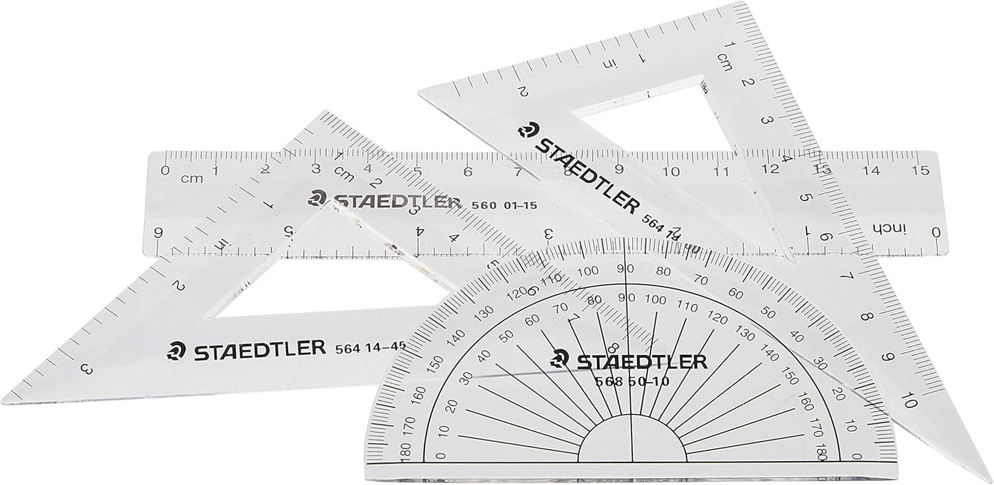STAEDTLER Math Set - 4 pc Geometry Kit for Students - School Supplies with Clear Protractor, 6in Ruler & 2 Triangles – Metric & Imperial Scales