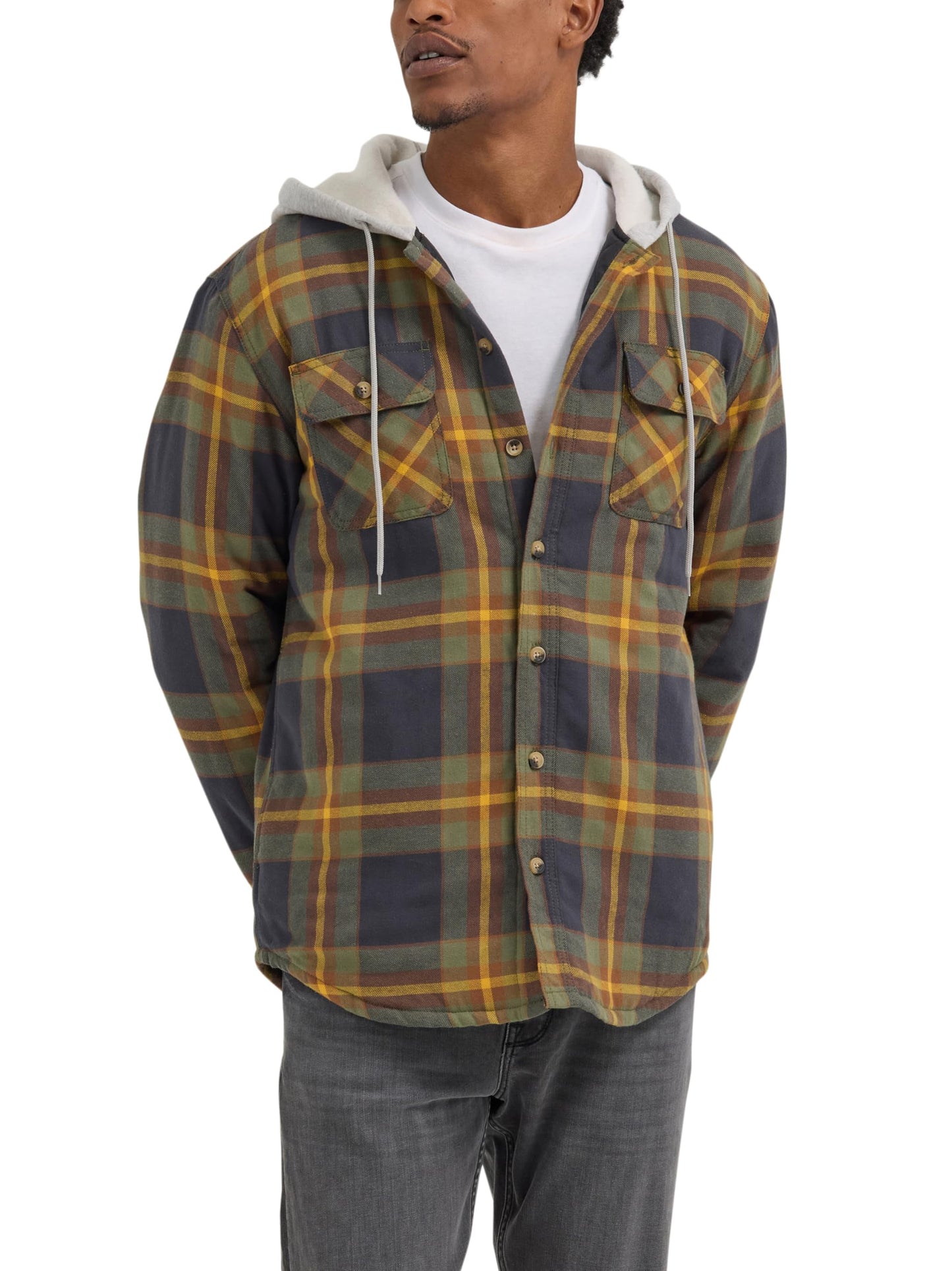 Wrangler Authentics Men's Long Sleeve Quilted Lined Flannel Shirt Jacket with Hood
