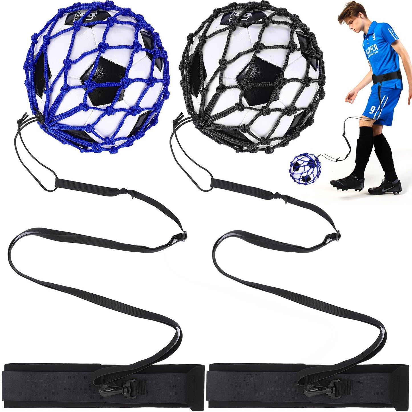 TOBWOLF 2PCS Football Kick Trainer, Soccer Return Trainer Net Fits Ball Size 3, 4, 5, Hands-Free Football Kick Throw Solo Practice Training Aid, Adjustable Waist Belt Soccer Ball Trainer Net