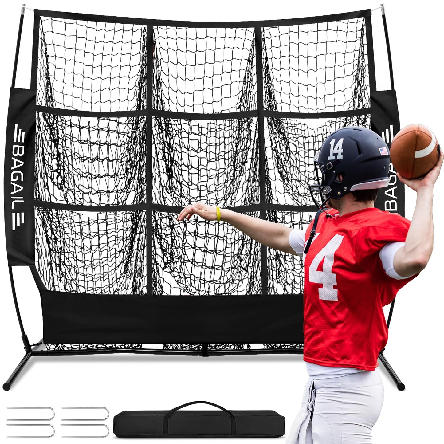 BAGAIL Football Throwing Net - 9 Target Pockets, Easy Setup, Heavy-Duty - Portable QB Accuracy Trainer, Fun Target Practice Net for Football with Carry Bag