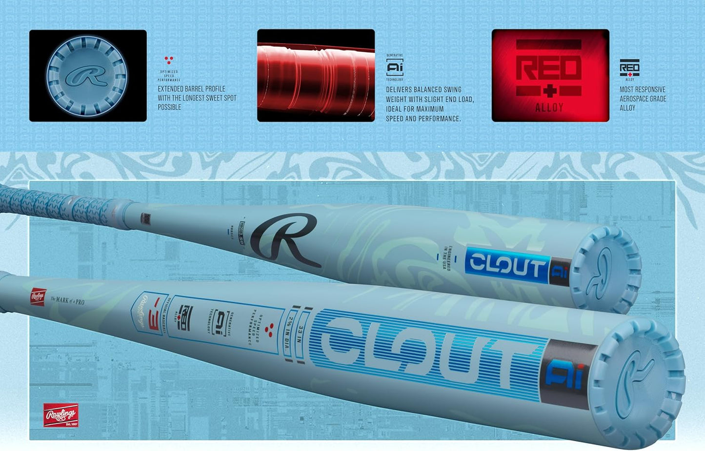 Rawlings | 2025 | Clout AI Baseball Bat | USA | -10 Drop | 2 5/8" Barrel | 1 Pc. Alloy