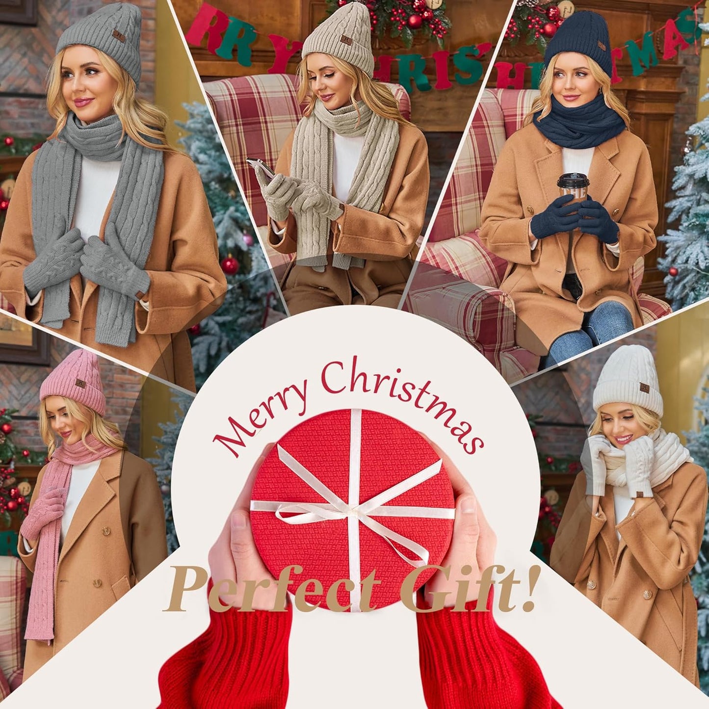 Womens Winter Beanie Hats Long Scarf Touchscreen Gloves Set Warm Knit Skull Caps Gifts for Women