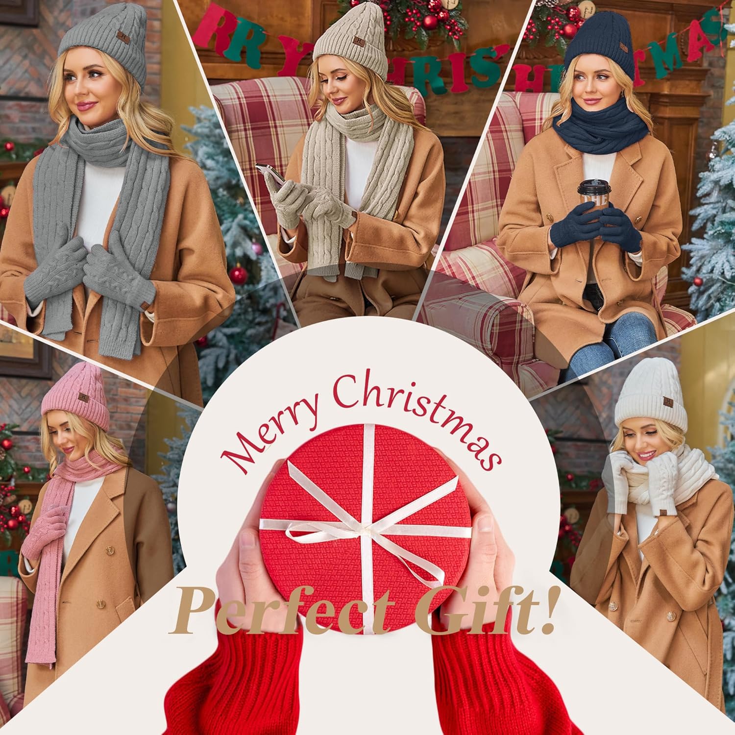 Womens Winter Beanie Hats Long Scarf Touchscreen Gloves Set Warm Knit Skull Caps Gifts for Women