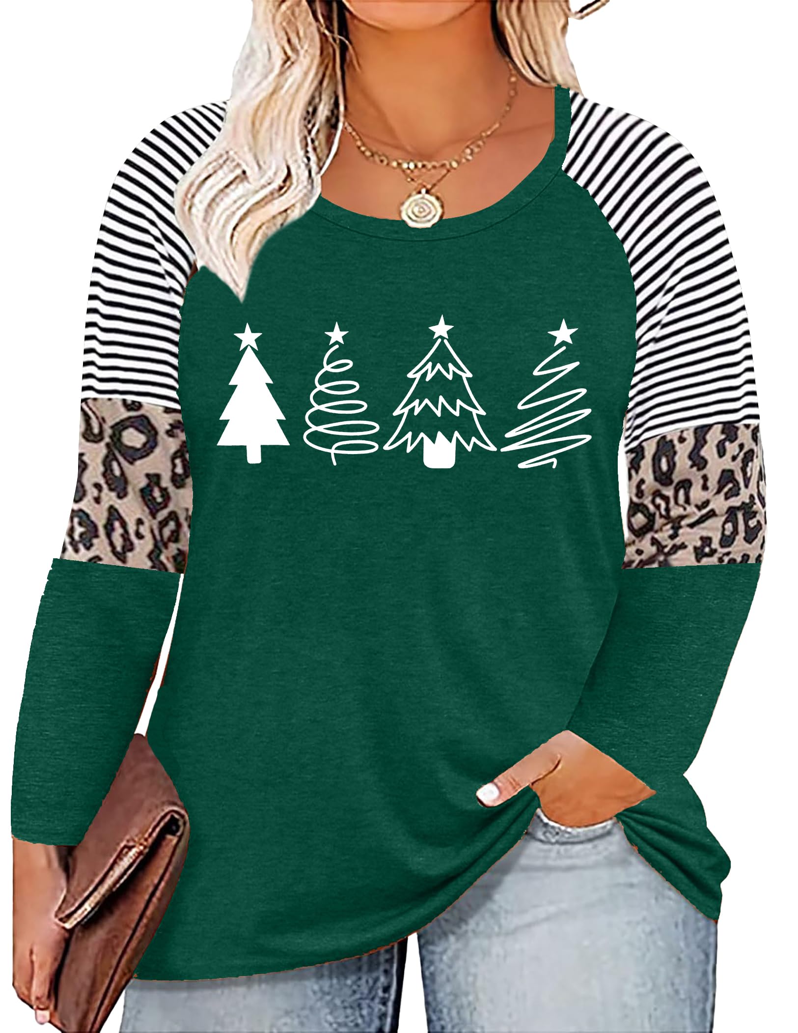 Plus Size Christmas T Shirt Women Xmas Leopard Plaid Trees Print Tees Casual Long Sleeve Holiday Shirts Top