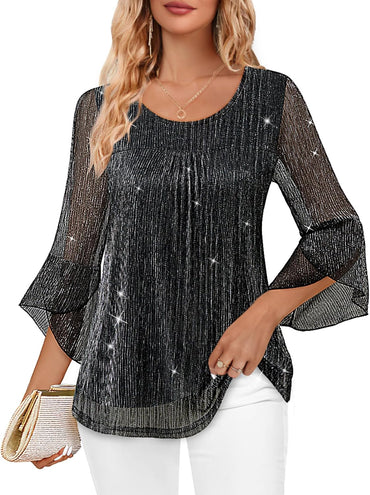 Bebonnie Women's Ruffle 3/4 Sleeve Elegant Dressy Blouses Crew Neck Double Layers Mesh Tunic Tops
