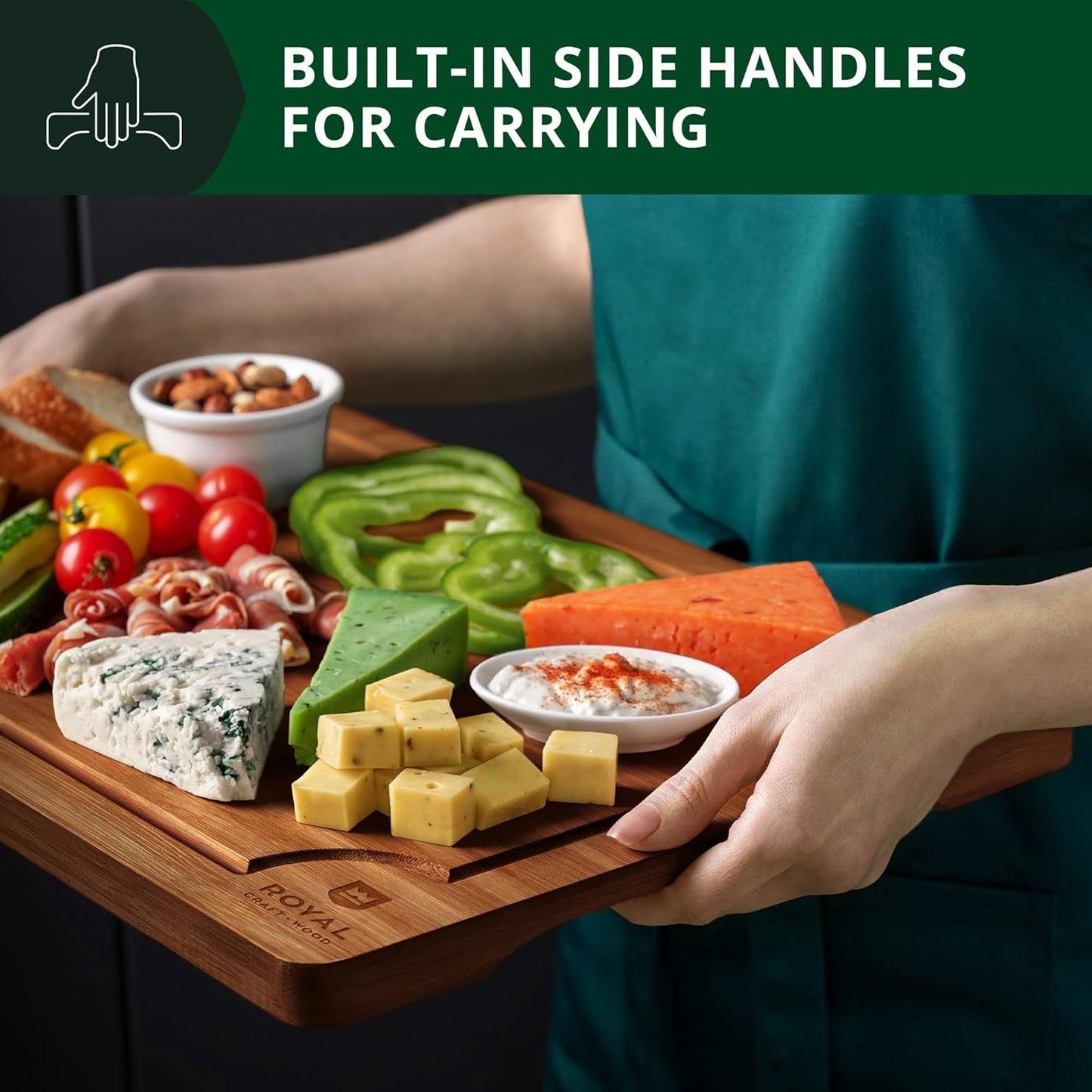 ROYAL CRAFT WOOD Wooden Cutting Boards for Kitchen Meal Prep & Serving - Bamboo Wood Serving Board Set with Deep Juice Groove Side Handles - Charcuterie & Chopping Butcher Block for Meat (3 Pcs)