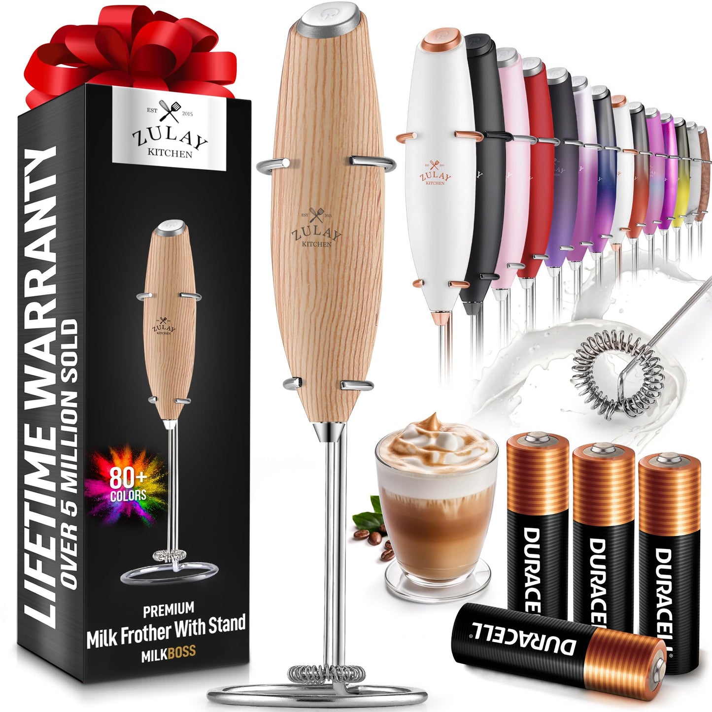Zulay Kitchen Powerful Milk Frother Wand With 2 Duracell Batteries - Ultra Fast Handheld Drink Mixer - Electric Whisk Foam Maker for Coffee, Lattes, Cappuccino, Matcha, Hot Chocolate & Creamer - Black