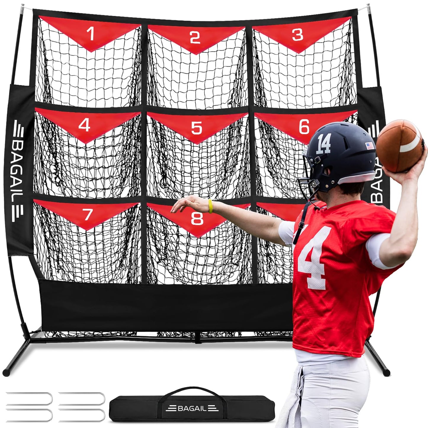 BAGAIL Football Throwing Net - 9 Target Pockets, Easy Setup, Heavy-Duty - Portable QB Accuracy Trainer, Fun Target Practice Net for Football with Carry Bag
