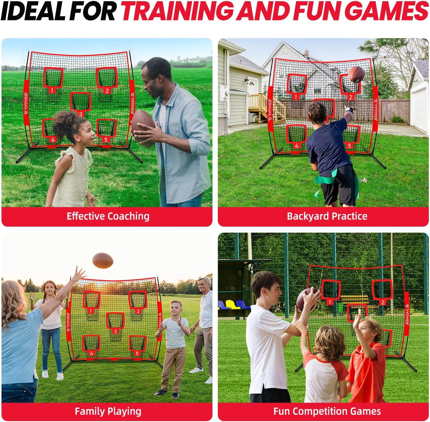 BAGAIL Football Throwing Net - 9 Target Pockets, Easy Setup, Heavy-Duty - Portable QB Accuracy Trainer, Fun Target Practice Net for Football with Carry Bag