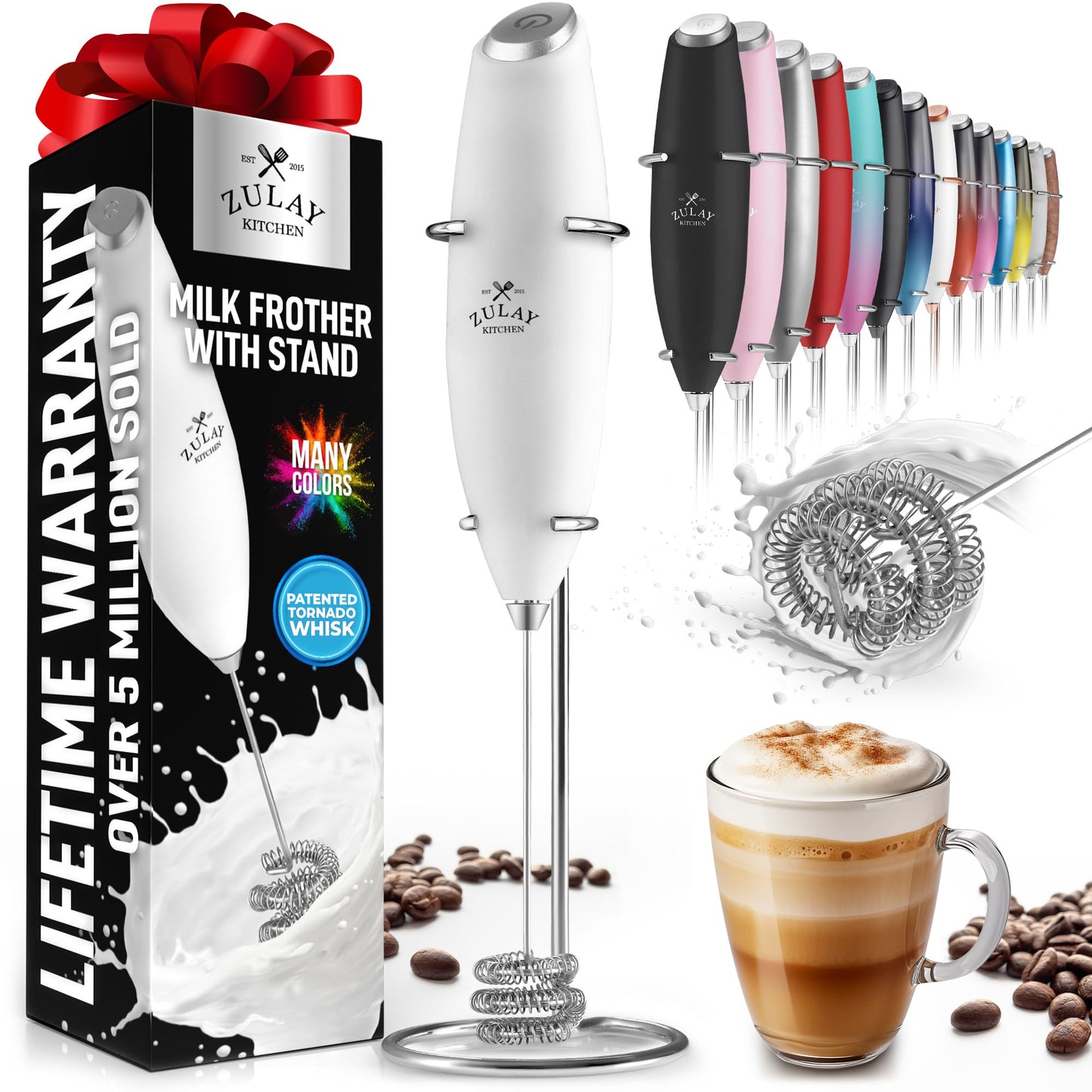 Zulay Kitchen Powerful Milk Frother Wand With 2 Duracell Batteries - Ultra Fast Handheld Drink Mixer - Electric Whisk Foam Maker for Coffee, Lattes, Cappuccino, Matcha, Hot Chocolate & Creamer - Black
