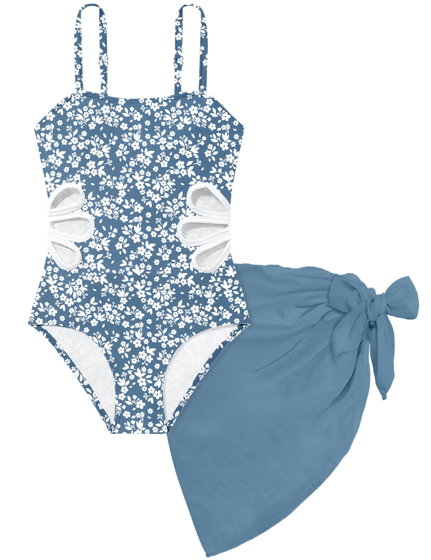 Girls Swimsuit, Adjustable Straps Cut Out One Piece Bathing Suit with Solid Color Cover Up Skirt Girls' Swimwear