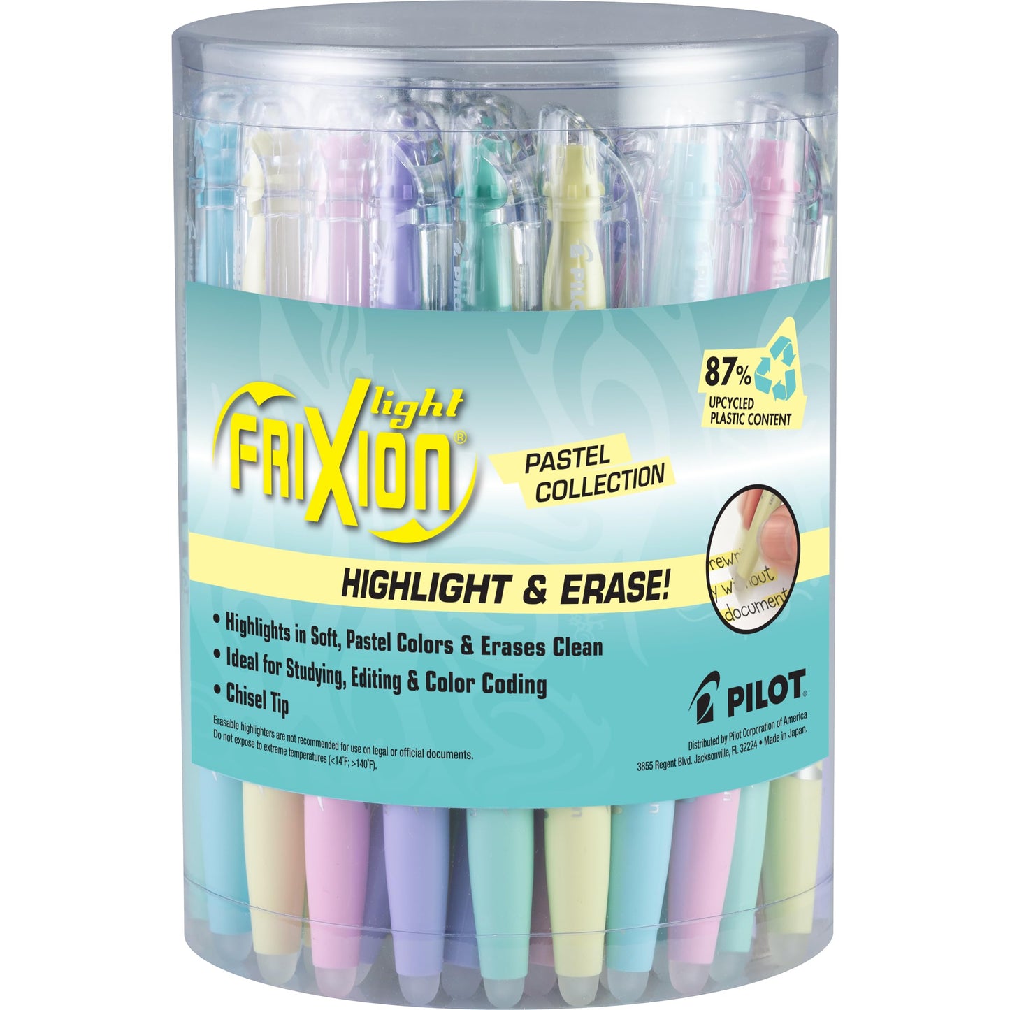 Pilot, FriXion Light Pastel Erasable Highlighters, Chisel Tip, Pack of 5, Pastel Blue, Pink, Yellow, Green & Purple