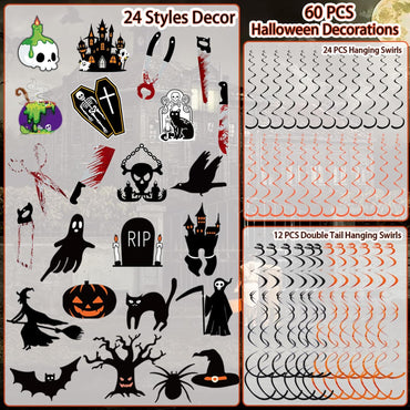 Halloween Decorations Indoor Outdoor Hanging Swirl - 60 PCS Hanging Halloween Decor Ceiling Streamers, Large Ghost Pumpkin Witches Swirls Decoration for Home Office Classroom Wall Party Favors