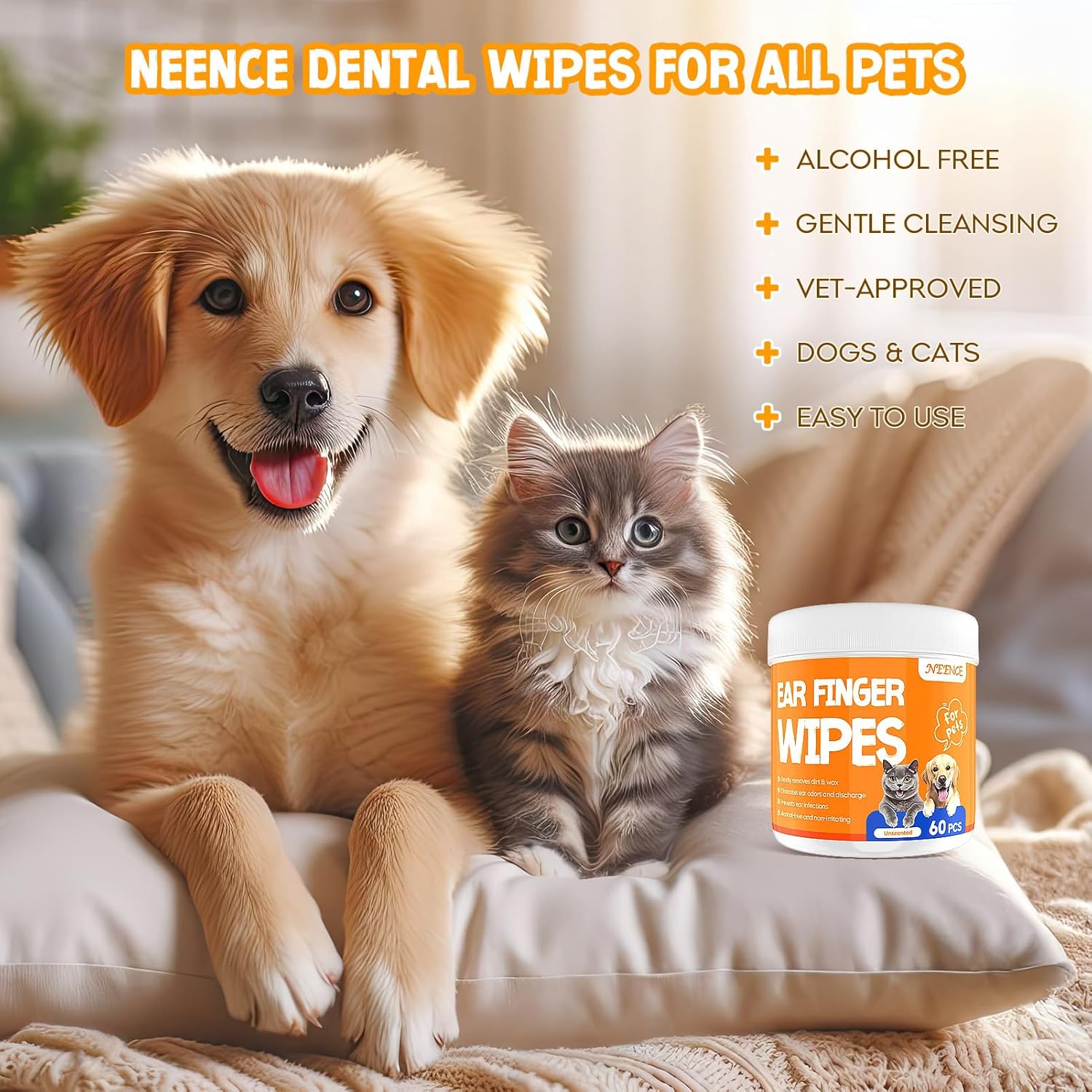 NEENCE Ear Finger Wipes for Dogs & Cats,Dog Ear Cleaner Finger Wipes, Soothing Cleansing Deodorizing Ear Care Wipes for Cat and Dog, Effectively Remove Ear Wax for Dogs & Cats(60 Pcs, Unscented)