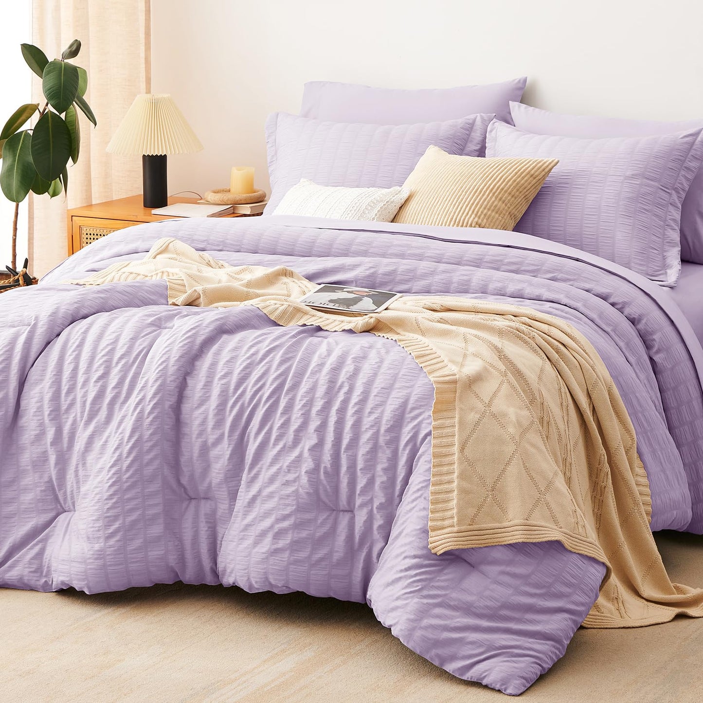 CozyLux Queen Comforter Set White Seersucker 7 Pieces Bed in a Bag Queen Comforter Set with Sheets, Luxury Soft Bedding Set with Down Alternative Comforter, Sheets, Pillowcases & Shams for All Seasons
