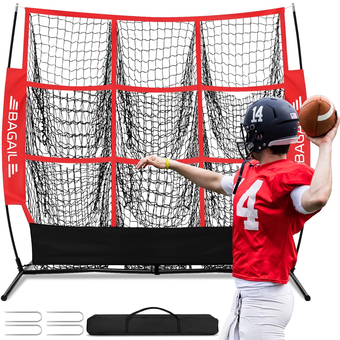 BAGAIL Football Throwing Net - 9 Target Pockets, Easy Setup, Heavy-Duty - Portable QB Accuracy Trainer, Fun Target Practice Net for Football with Carry Bag