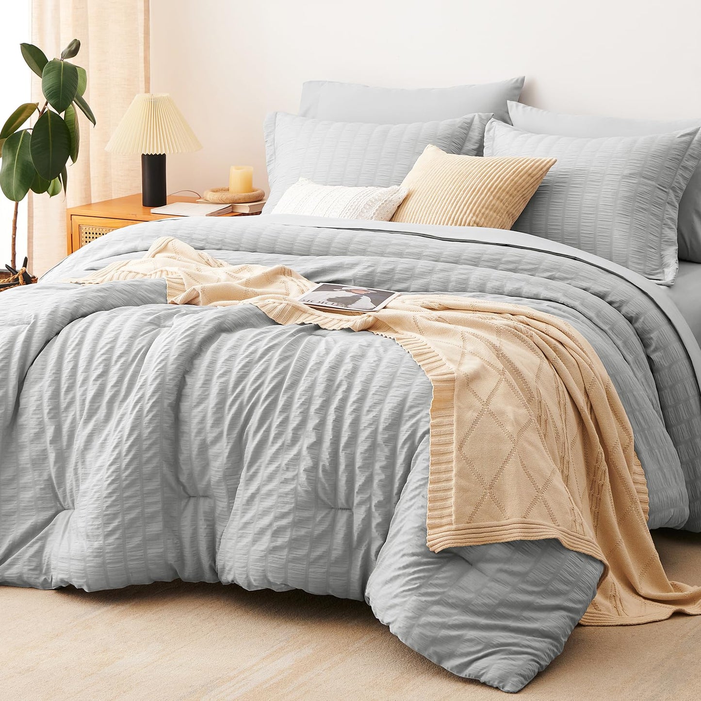 CozyLux Queen Comforter Set White Seersucker 7 Pieces Bed in a Bag Queen Comforter Set with Sheets, Luxury Soft Bedding Set with Down Alternative Comforter, Sheets, Pillowcases & Shams for All Seasons