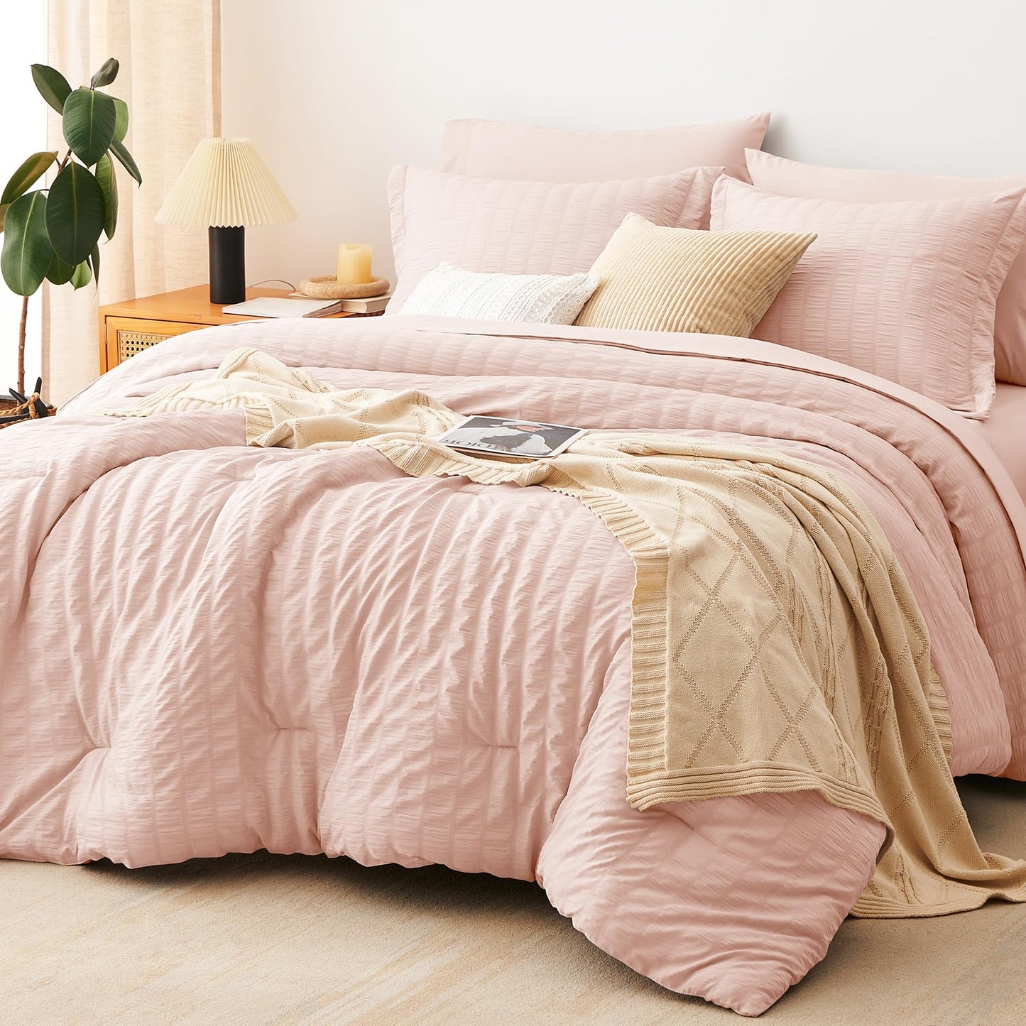 CozyLux Queen Comforter Set White Seersucker 7 Pieces Bed in a Bag Queen Comforter Set with Sheets, Luxury Soft Bedding Set with Down Alternative Comforter, Sheets, Pillowcases & Shams for All Seasons