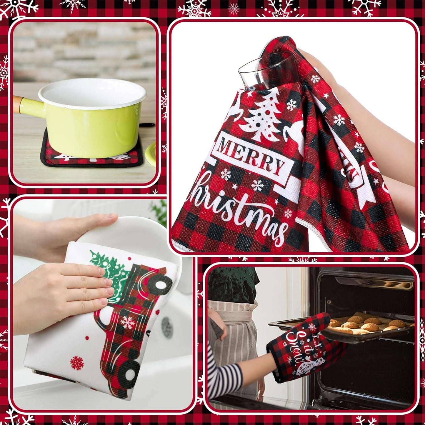 Bencailor 6 Pcs Christmas Kitchen Towel Oven Mitts and Pot Holders Set Xmas Theme Dish Towels Heat Resistant Oven Gloves for Summer Kitchen Cooking Baking Grilling(Christmas Red Plaid Theme)