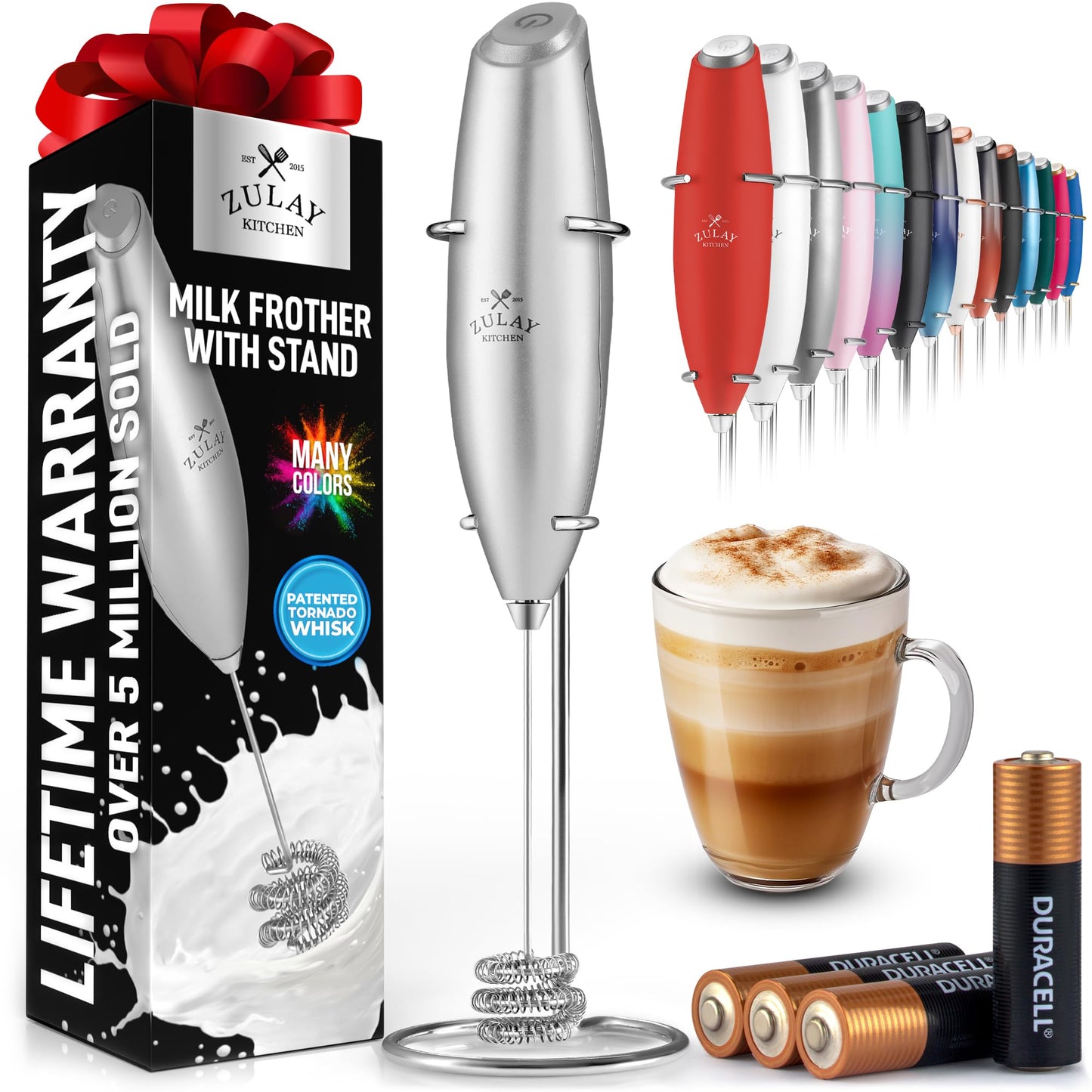 Zulay Kitchen Powerful Milk Frother Wand With 2 Duracell Batteries - Ultra Fast Handheld Drink Mixer - Electric Whisk Foam Maker for Coffee, Lattes, Cappuccino, Matcha, Hot Chocolate & Creamer - Black
