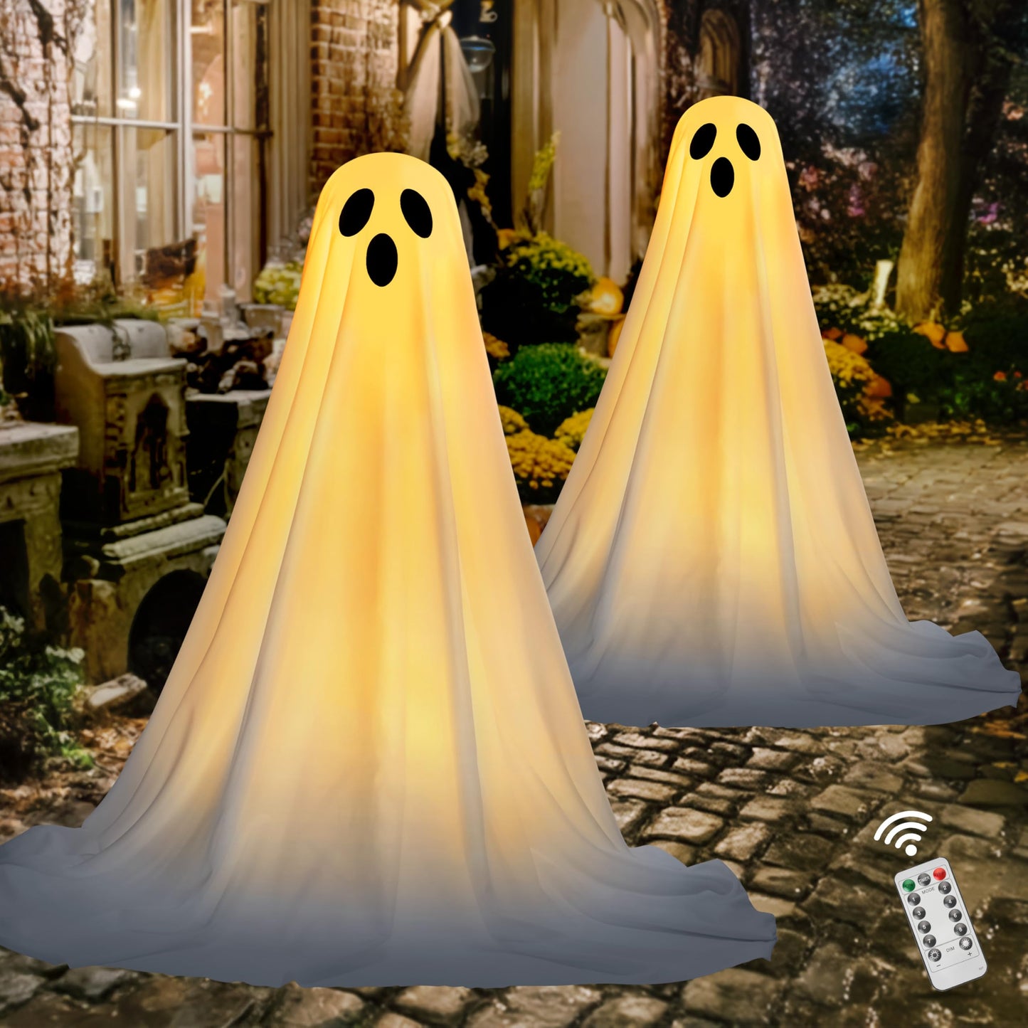 JOYIN 2 Packs 47'' Halloween Decorations Outdoor Standing Ghost, Light Up Spooky Ghost with Witch Hat & Remote Control, Glowing Halloween Decor for Yard Porch Lawn Garden Party Supplies Haunted House