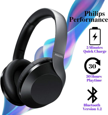 Philips PH802 Wireless Bluetooth Over-Ear Headphones Noise Isolation Stereo with Hi-Res Audio, up to 30 Hours Playtime with Rapid Charge (TAPH802BK)