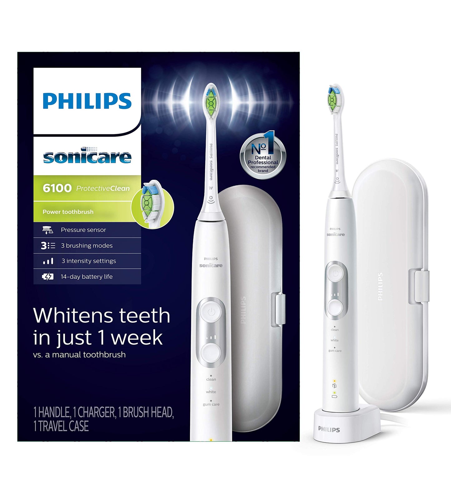 Philips Sonicare ProtectiveClean 6100 Rechargeable Electric Toothbrush, with Pressure Sensor, 3 Cleaning Modes, SmarTimer and QuadPacer, 14-Day Battery Life, Travel Case, Deep Purple, Model HX6471/03