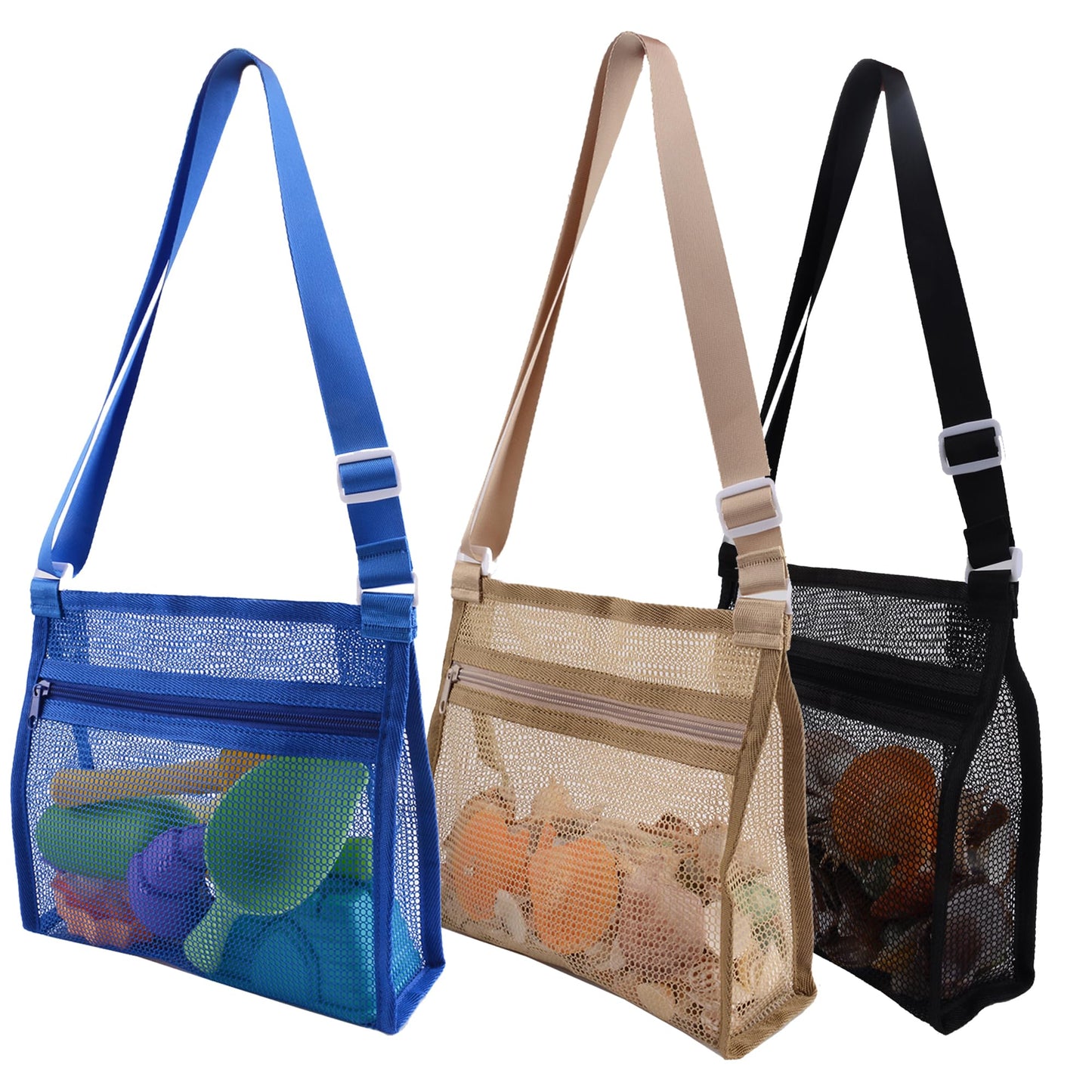 Mesh Bag for Holding Beach Shell,Toys (Blue&Yellow&Orange 3pack) Shell Collecting Bags for Kids, for Picking Up Shells