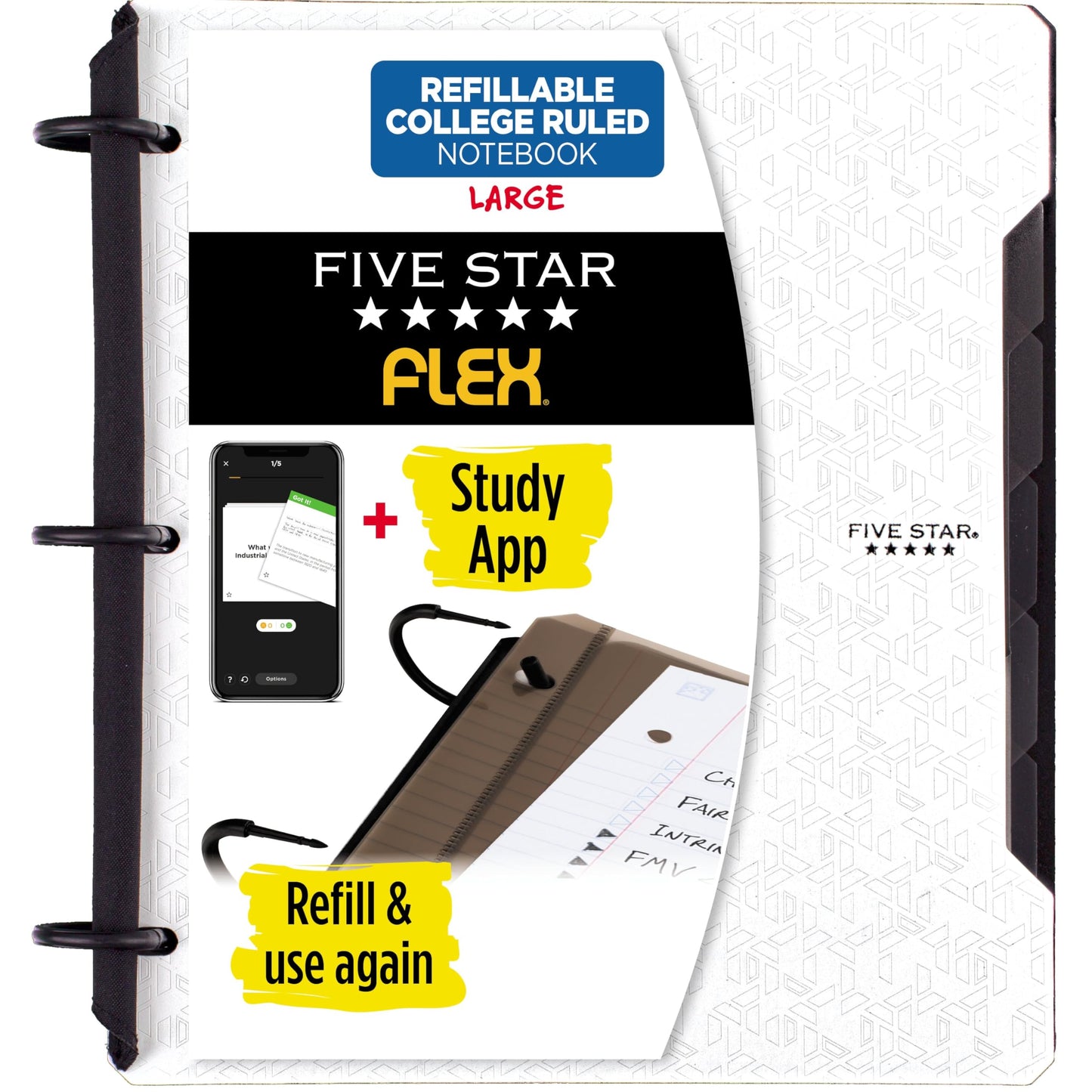 Five Star Flex Refillable Notebook + Study App, College Ruled Paper and 1 Inch TechLock Ring Binder with Pockets, Tabs and Dividers, 200 Sheet Capacity, Black (29328AA2)