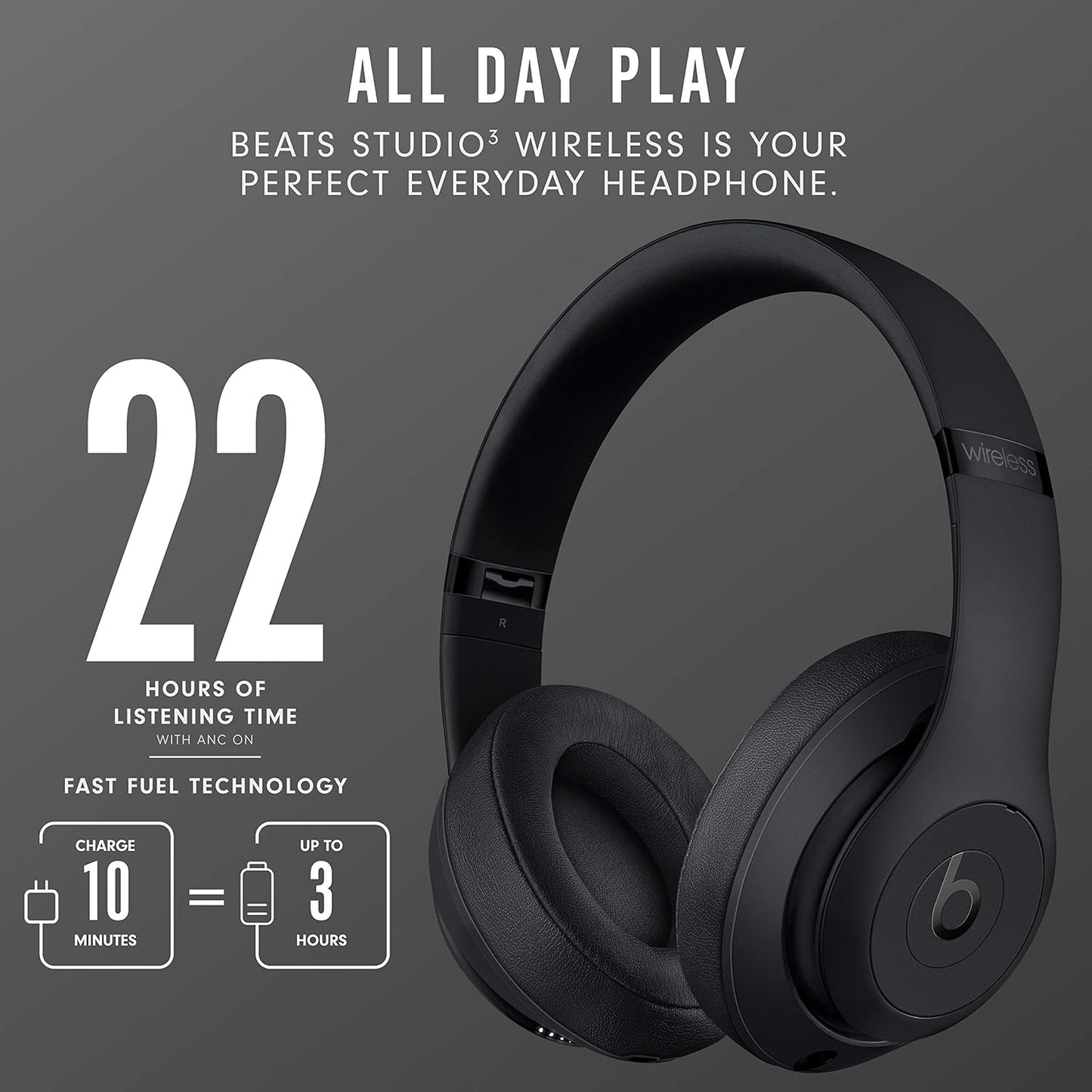Beats Studio3 Wireless Noise Cancelling Over-Ear Headphones - Apple W1 Headphone Chip, Class 1 Bluetooth, 22 Hours of Listening Time, Built-in Microphone - Matte Black