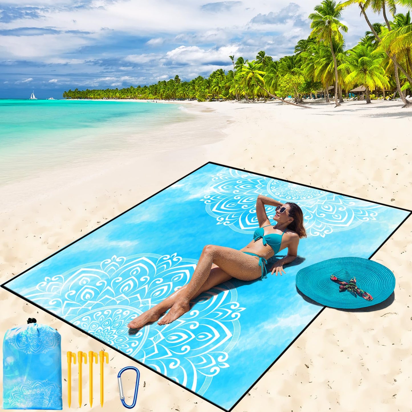 Beach Blanket Waterproof Sandproof Beach Mat 79" X 83" /10'x9'for 2-8 Adults Quick Drying Outdoor Picnic Mat Beach Accessories for Travel, Camping, Hiking