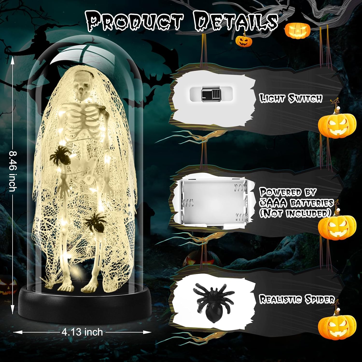 Halloween Decorations-Light-Up Skull with Spider Halloween Decor Indoor Cute Skull Tabletop Decor for Party Home Kitchen and Fireplace, 8.46"x4.2" Flickering LED Terror