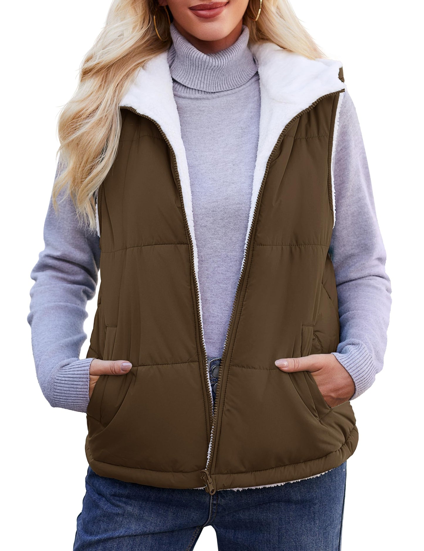 YUCOLEN Womens Puffer Vest Reversible Hooded Fleece Coat Quilted Zip Up Sleeveless Jacket Winter Outerwear with Pockets