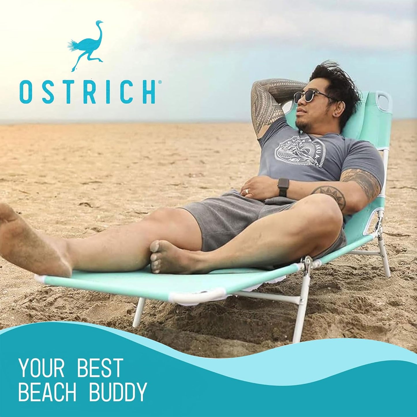 Ostrich Folding Beach Lounge Chair, Reclining Outdoor Chaise Lounger, Teal