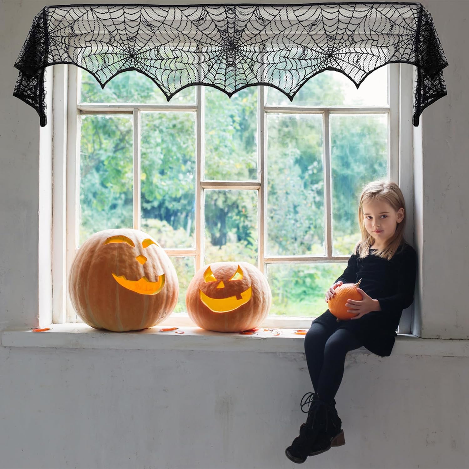 Halloween Mantel Scarf Black Lace Spiderweb for Fireplace Decor Halloween Decorations Indoor Fireplace Scarf(18 x 96 inch)(Black)