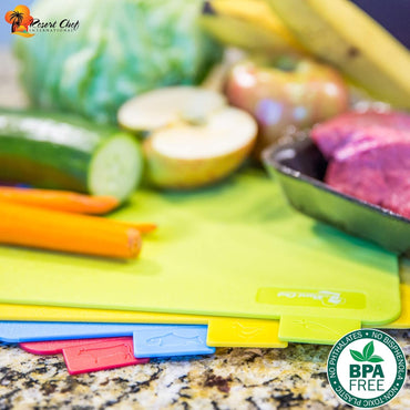 Resort Chef Vibrant Kitchen Cutting Board Set - 4 Non-Porous, BPA-Free, Dishwasher-Safe Reversible Plastic Boards with Easy-Grip Food Icon Tabs. Includes Ceramic Knife & Non-Slip Mat.