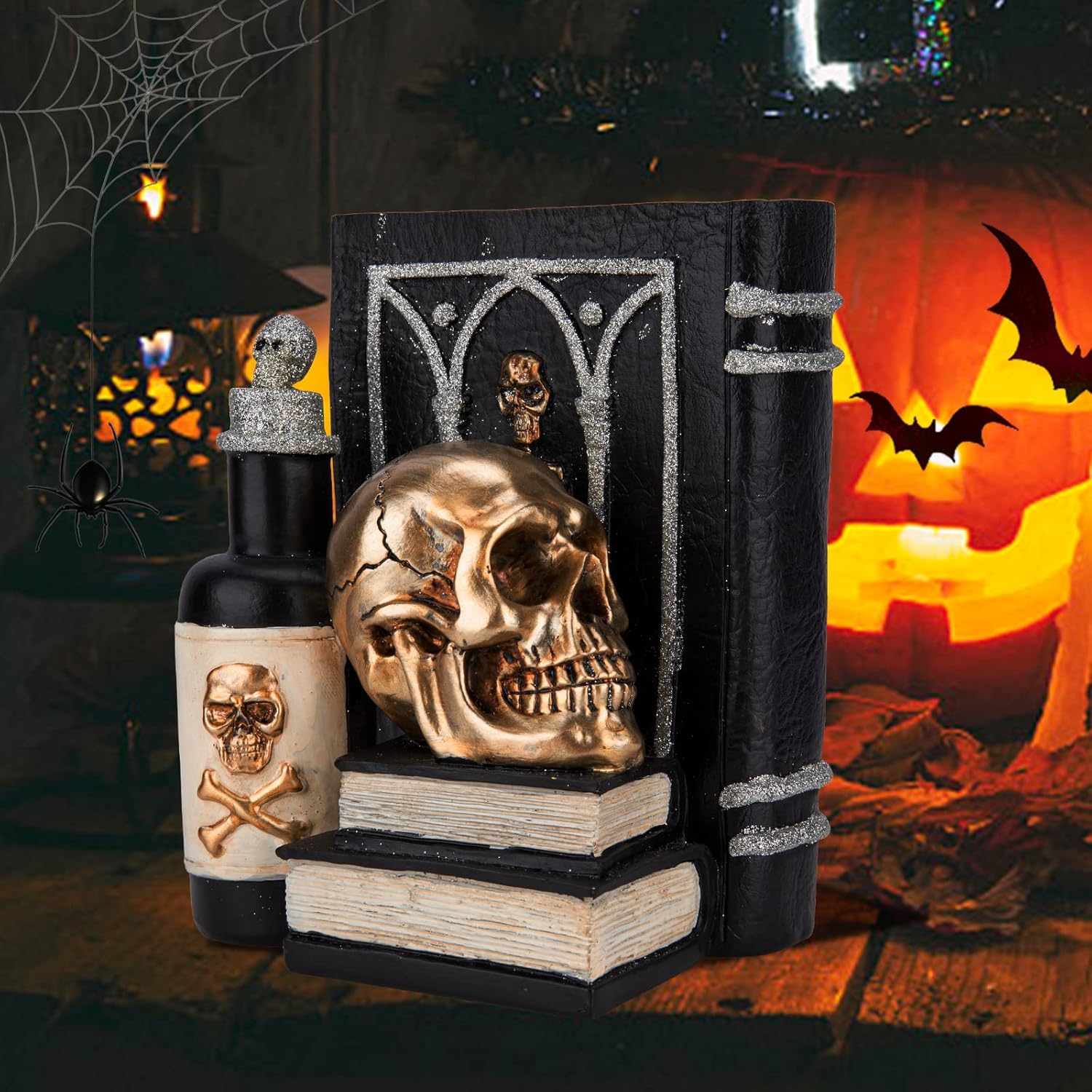 Halloween Skull Decor, Gothic Skeleton Heads and Book Resin Statue, Collectible Figurines for Halloween Decor Unique Gifts for Home Decorations 9.2"