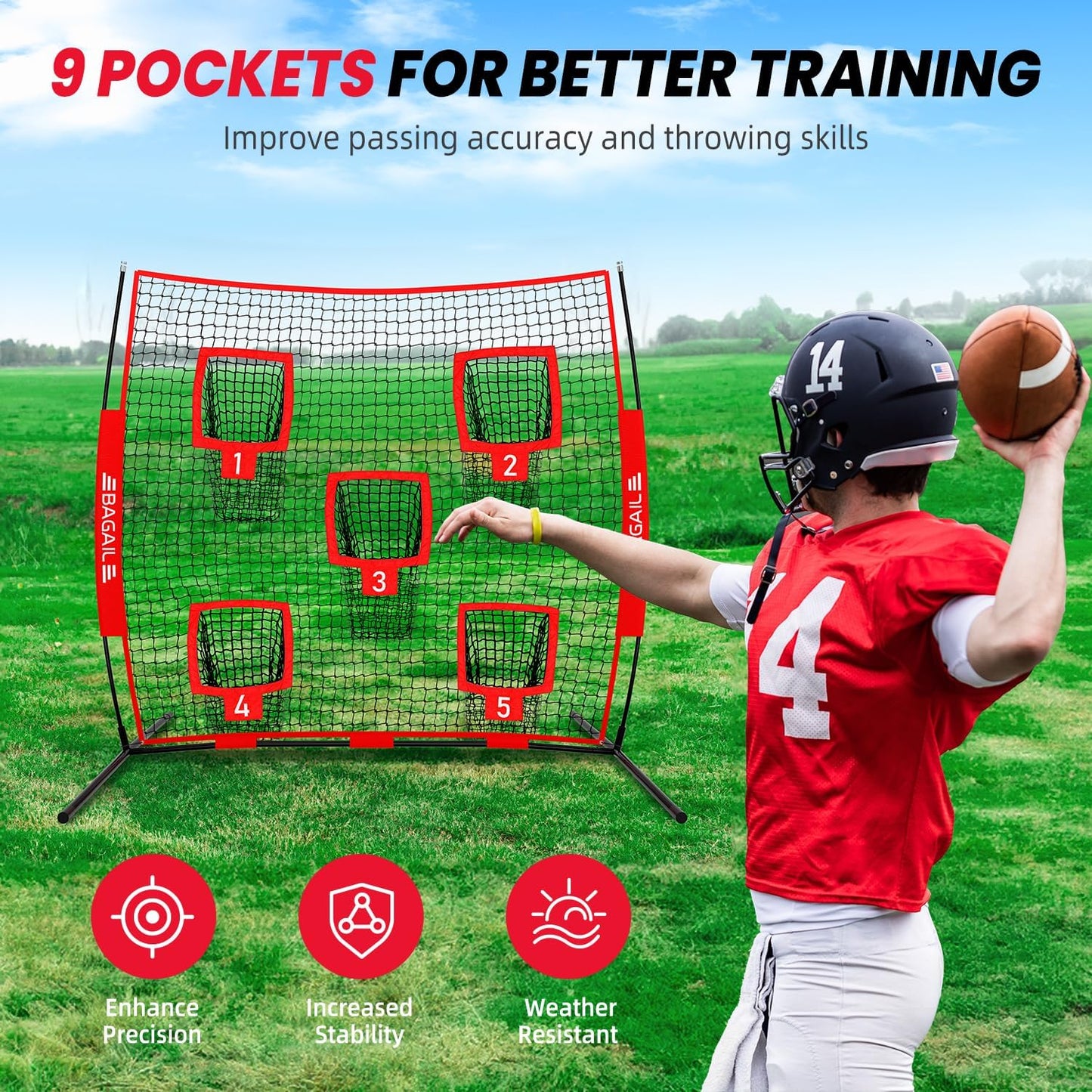 BAGAIL Football Throwing Net - 9 Target Pockets, Easy Setup, Heavy-Duty - Portable QB Accuracy Trainer, Fun Target Practice Net for Football with Carry Bag
