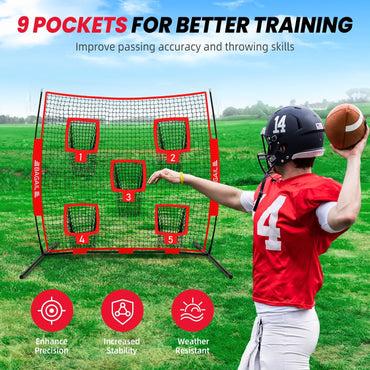BAGAIL Football Throwing Net - 9 Target Pockets, Easy Setup, Heavy-Duty - Portable QB Accuracy Trainer, Fun Target Practice Net for Football with Carry Bag