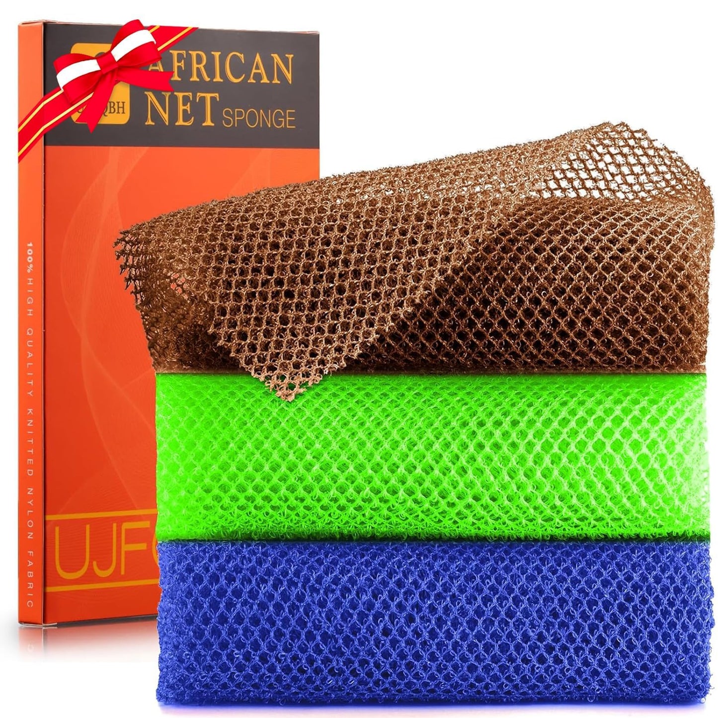 UJFQBH 3 Pieces African Bath Sponge African Net Long Net Bath Sponge Exfoliating Shower Body Scrubber Back Scrubber Skin Smoother,Great for Daily Use (Pink,Yellow,Purple)