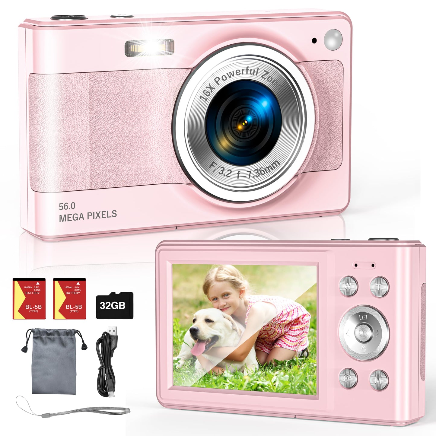 Upgrade Digital Camera, 56MP FHD 1080P Camera for Kids with 16x Zoom Anti Shake, Kid Camera with 32GB TF Card, Two Batteries, Lanyard, Compact Small for Kids Boys Girls(Black)