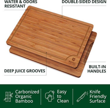 ROYAL CRAFT WOOD Wooden Cutting Boards for Kitchen Meal Prep & Serving - Bamboo Wood Serving Board Set with Deep Juice Groove Side Handles - Charcuterie & Chopping Butcher Block for Meat (3 Pcs)