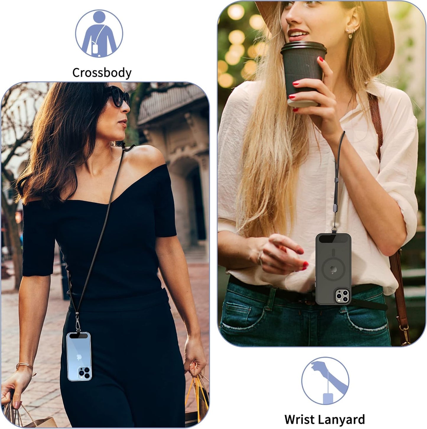 CACOE Cell Phone Lanyard 2 Pcs-1 Pcs Adjustable Neck Strap,1 Pcs Wrist Strap,2 Pcs Pads,Universal Crossbody,Multifuctional Compatible with Most Smartphones(Black)