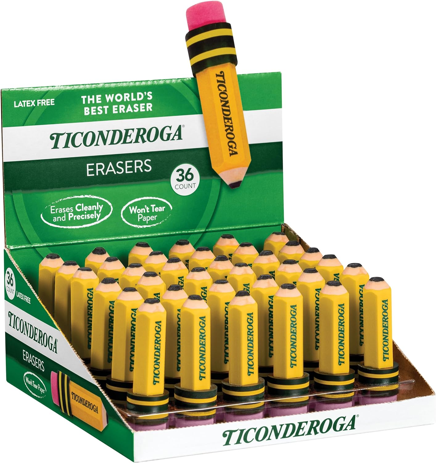 TICONDEROGA Erasers, Pencil Shaped, Yellow, 36-Pack (38936)