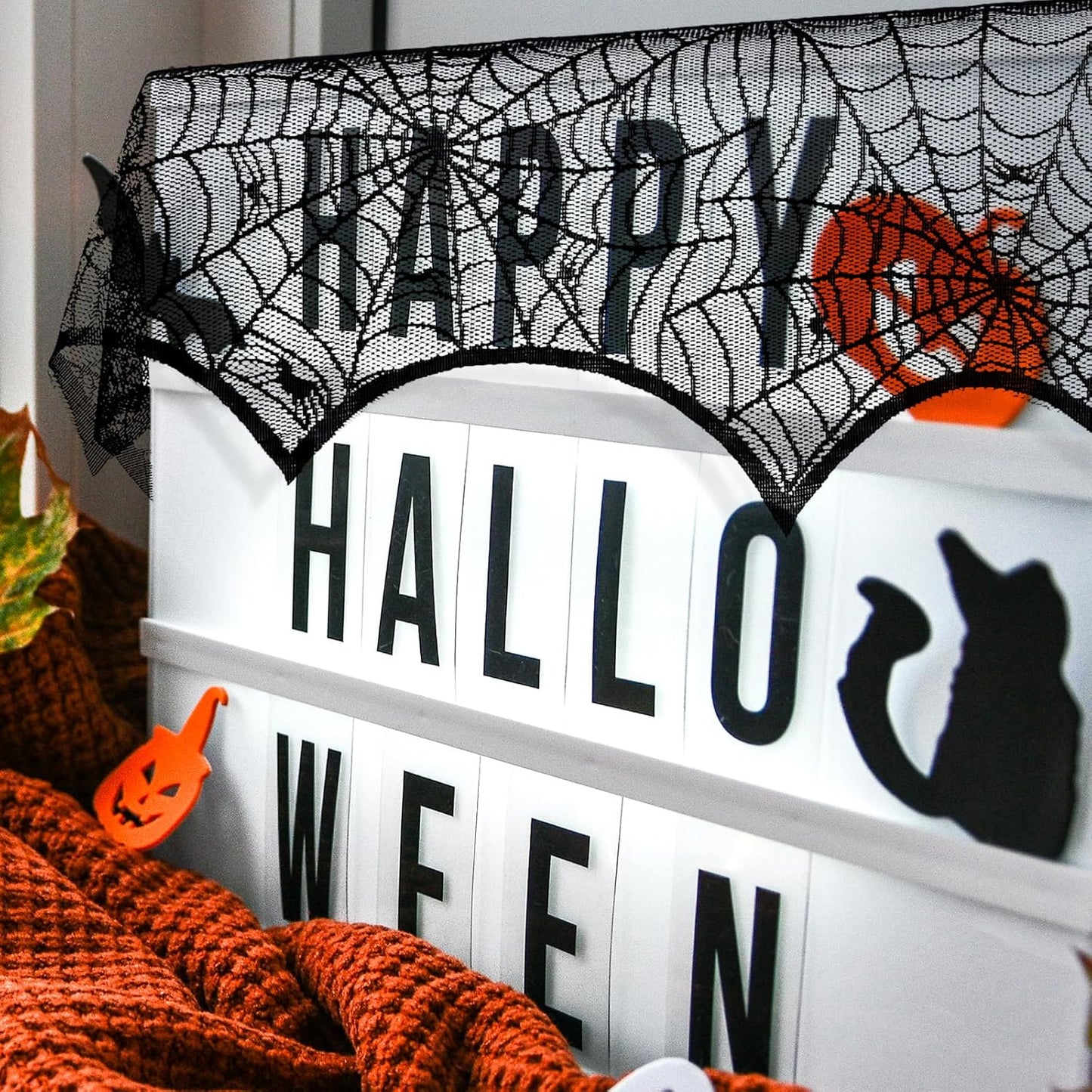 Halloween Mantle Scarf Fireplace Cover 18 x 96 inch Black Lace Cobweb Fireplace Mantle Scarf Cover for Halloween Decorations Festive Party Supplies Decor
